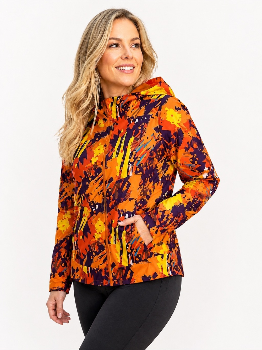 TECTOP Women’s Softshell Hooded Jacket Orange Abstract Print Fleece Lined Size S